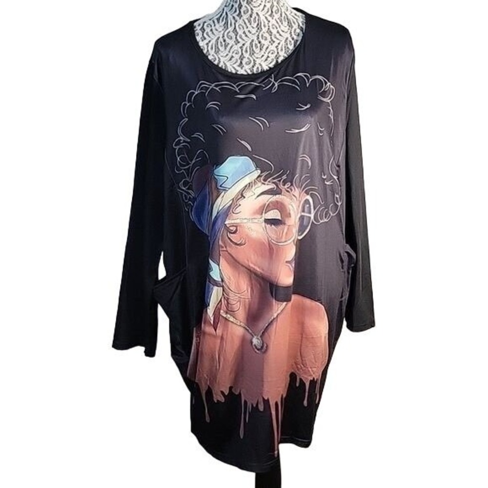 Black sheath Statement Art Tunic Dress‎ Long Sleeve Pockets Afro Woman Art Print